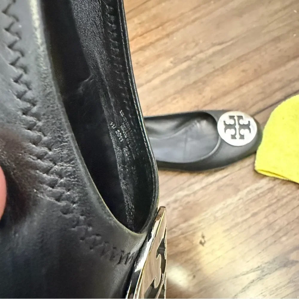 Tory Burch Black Leather Logo Reva Ballet Flats with Silver Emblem Discs
